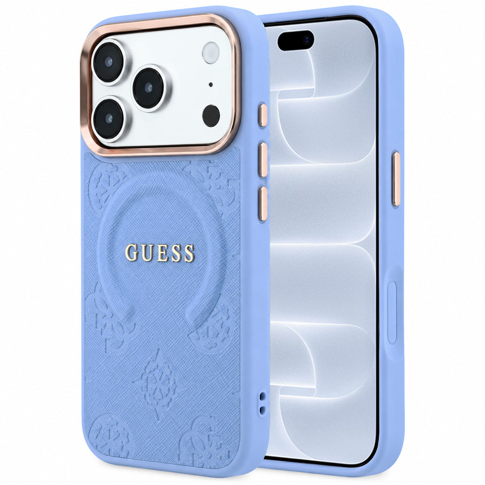 Capa Guess Saffiano Peony & Ring MagSafe - iPhone 17 Pro / 18 Pro - Azul-claro