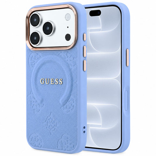 Capa Guess Saffiano Peony & Ring MagSafe - iPhone 17 Pro / 18 Pro - Azul-claro