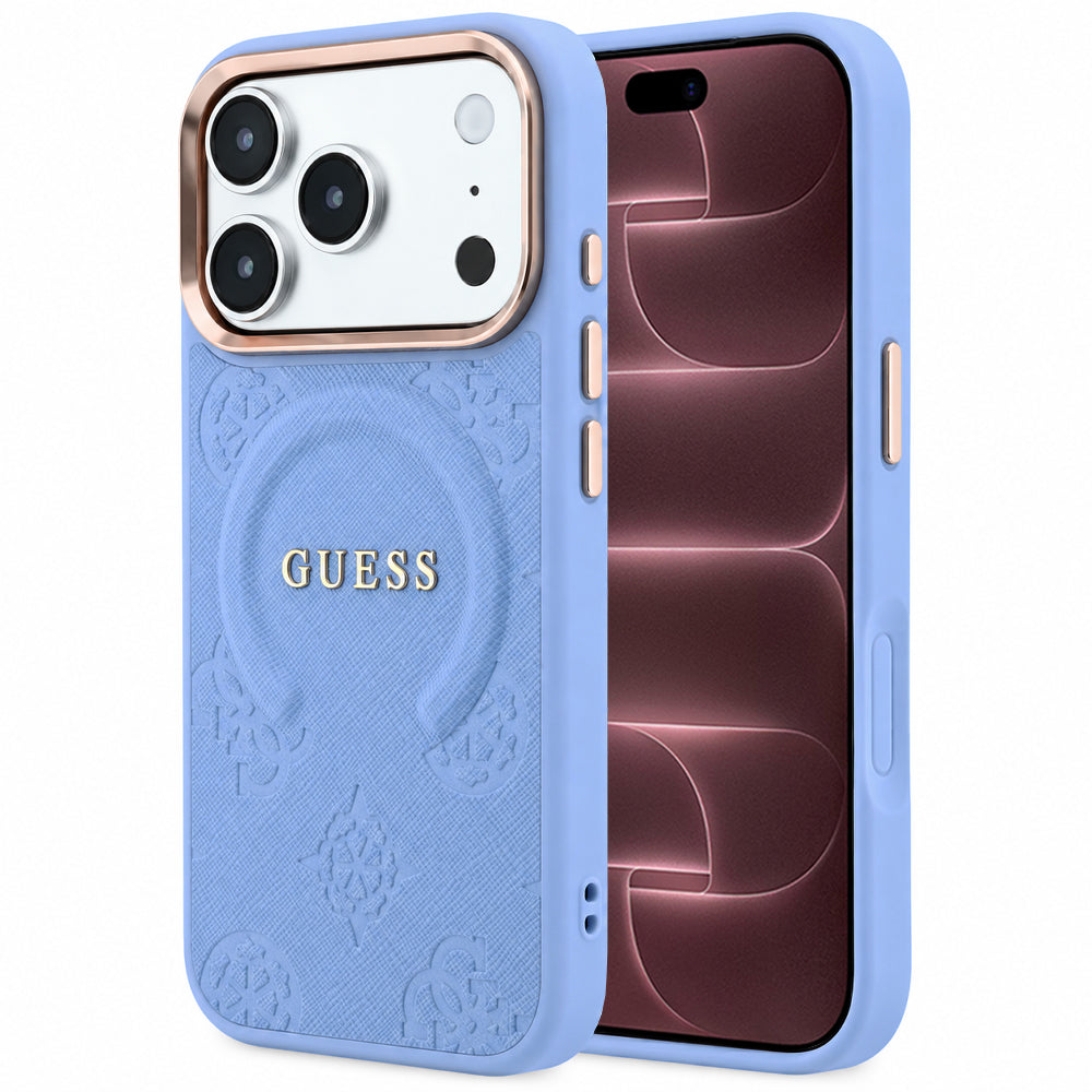 Capa Guess Saffiano Peony & Ring MagSafe - iPhone 17 Pro Max / 18 Pro Max - Azul-claro