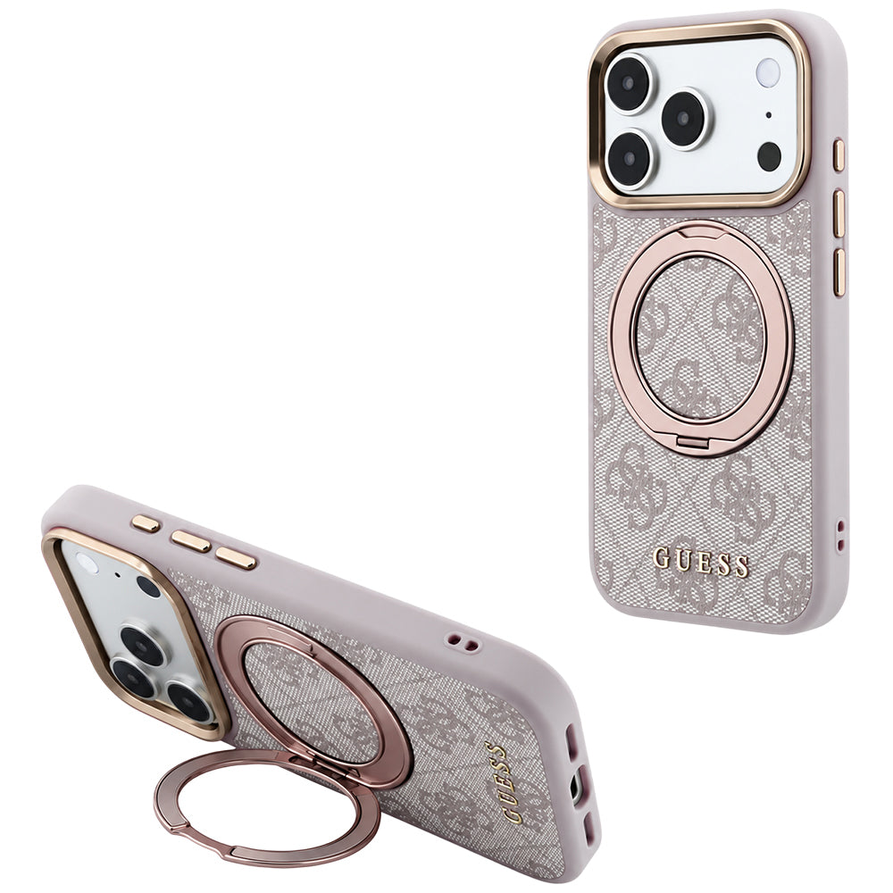 Capa Guess Ring Stand 360 4G Leather Classic Logo MagSafe - iPhone 17 Pro Max / 18 Pro Max - Rosa