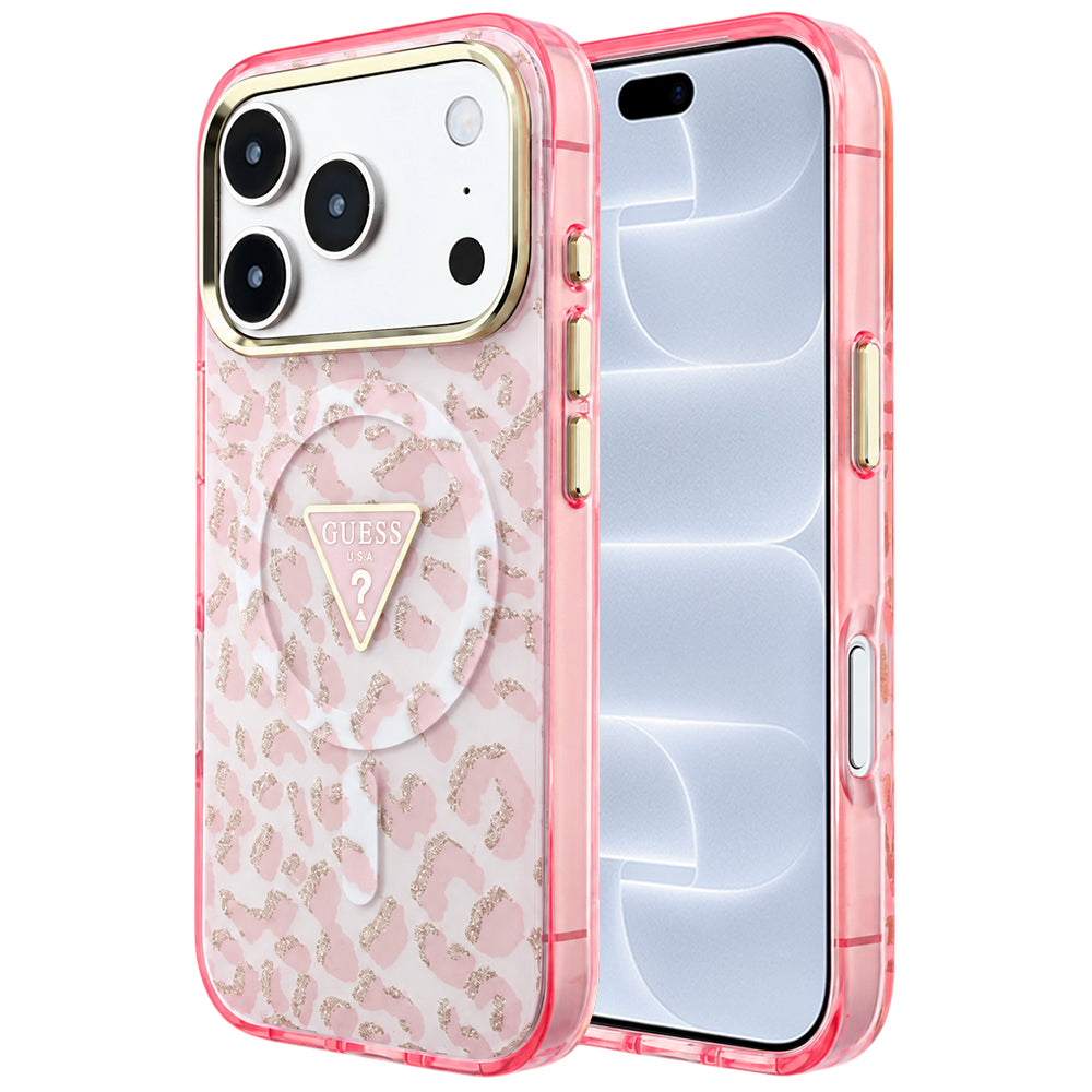 Capa Guess Leopard Glitter Triangle Logo MagSafe - iPhone 17 Pro / 18 Pro - Rosa