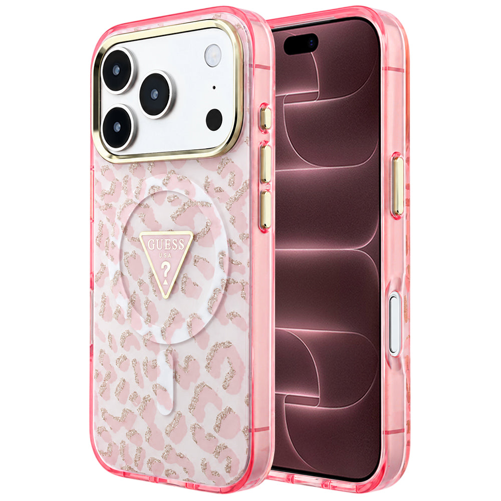 Capa Guess Leopard Glitter Triangle Logo MagSafe - iPhone 17 Pro Max / 18 Pro Max - Rosa