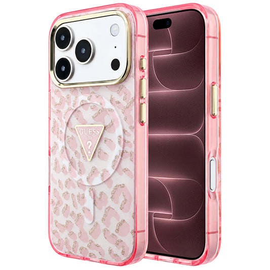 Capa Guess Leopard Glitter Triangle Logo MagSafe - iPhone 17 Pro Max / 18 Pro Max - Rosa