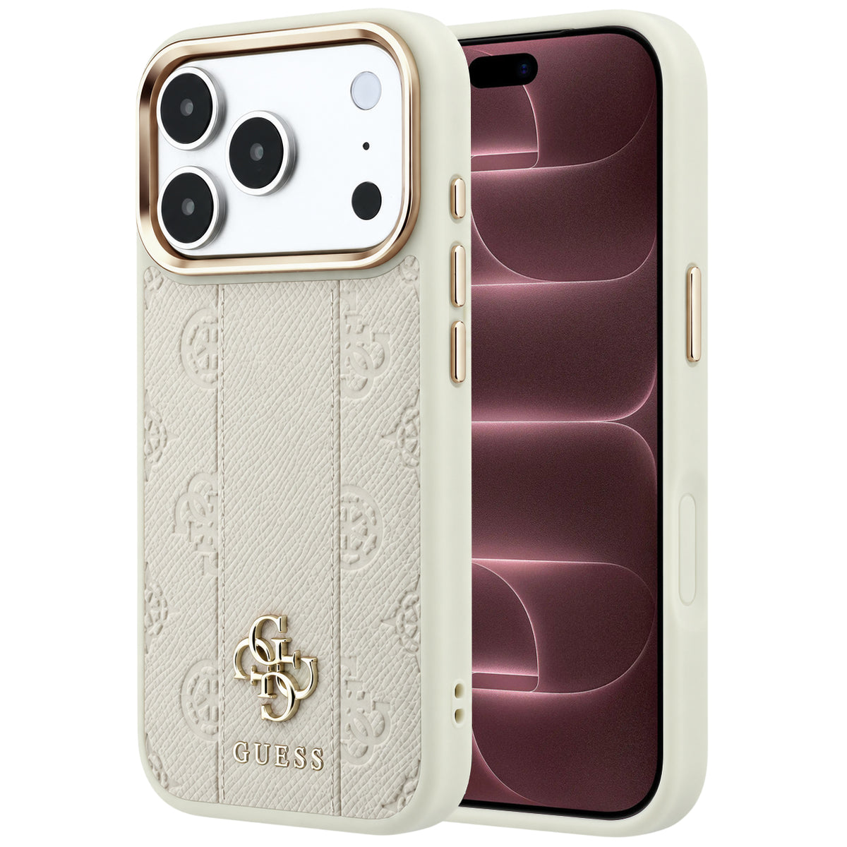 Capa Guess Leather Stripe Peony 4G MagSafe - iPhone 17 Pro Max / 18 Pro Max - Bege