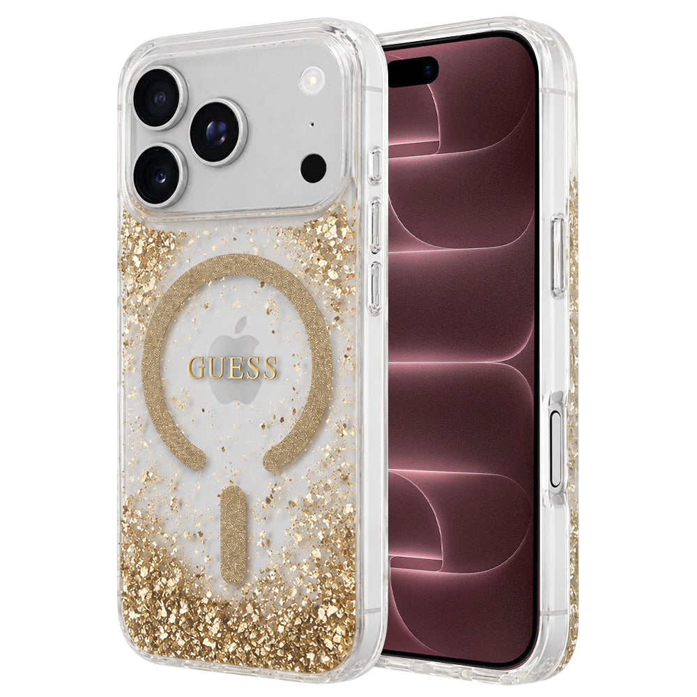 Capa Guess Resin Bottom Glitter MagSafe - iPhone 17 Pro Max / 18 Pro Max - Dourado