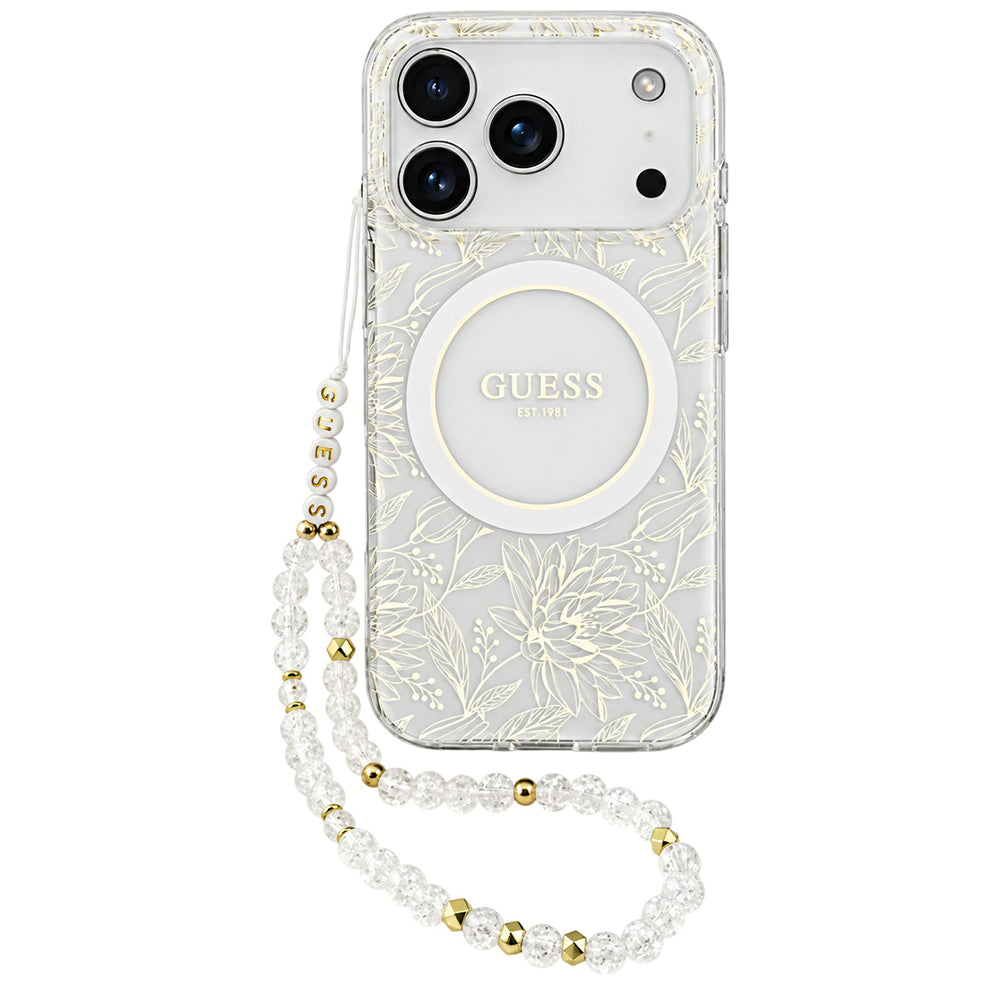 Capa Guess IML Flowers Electroplated with Pearl Strap MagSafe - iPhone 17 Pro Max / 18 Pro Max - Branco