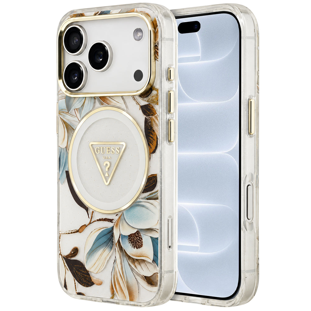 Capa Guess IML Glitter Flowers Triangle MagSafe - iPhone 17 Pro / 18 Pro - Branco
