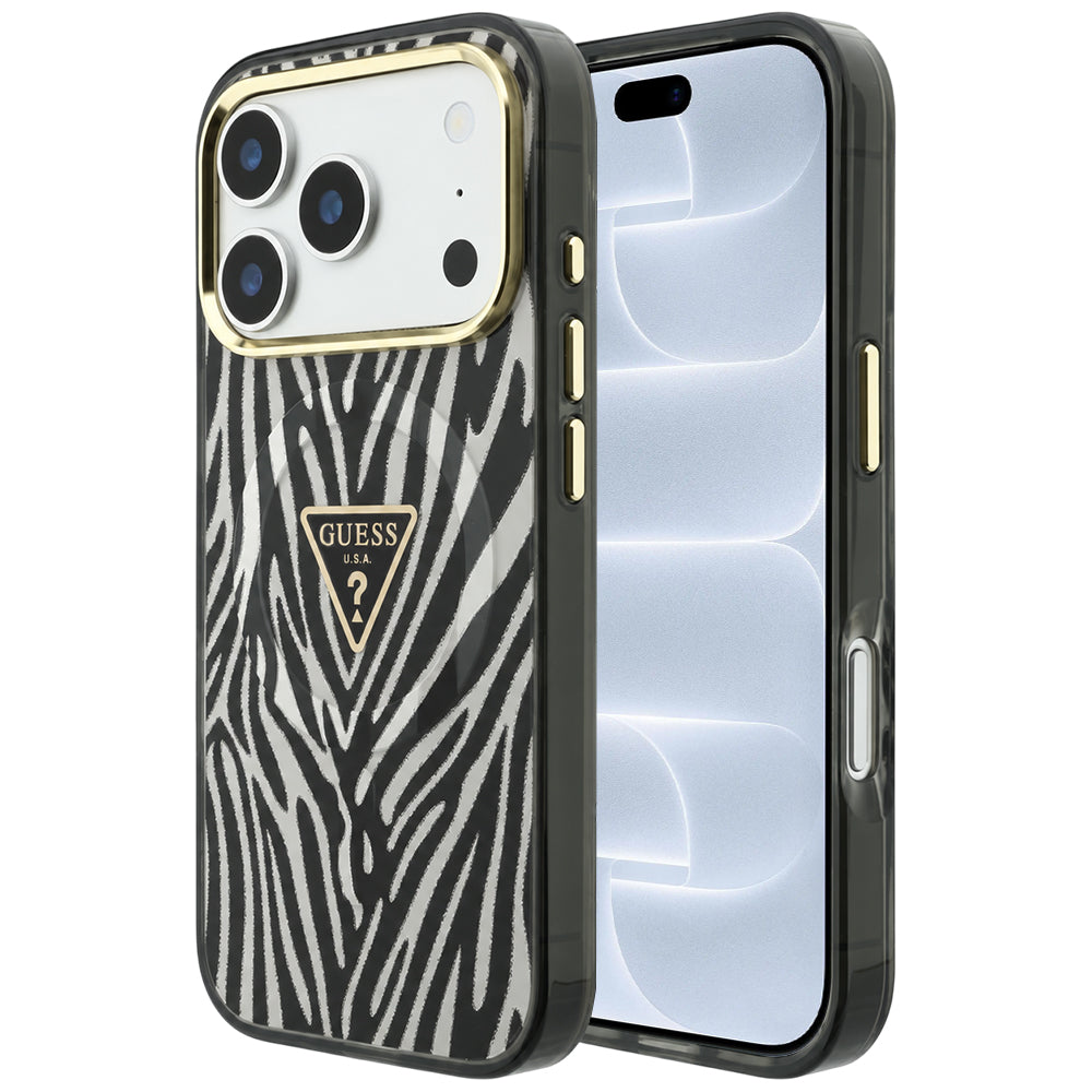 Capa Guess Zebra Glitter Triangle Logo MagSafe - iPhone 17 Pro / 18 Pro - Preto / Prateado