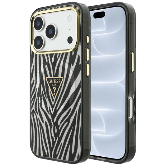 Capa Guess Zebra Glitter Triangle Logo MagSafe - iPhone 17 Pro / 18 Pro - Preto / Prateado