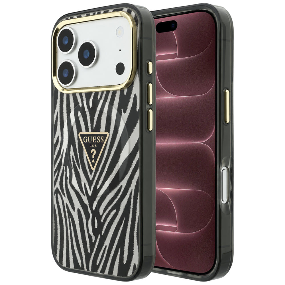 Capa Guess Zebra Glitter Triangle Logo MagSafe - iPhone 17 Pro Max / 18 Pro Max - Preto / Prateado