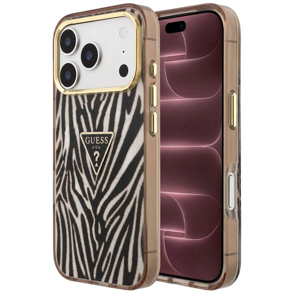 Capa Guess Zebra Glitter Triangle Logo MagSafe - iPhone 17 Pro Max / 18 Pro Max - Preto / Dourado