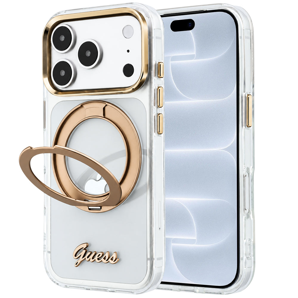 Capa Guess Ring Stand Script Metal Logo MagSafe - iPhone 17 Pro / 18 Pro - Transparente