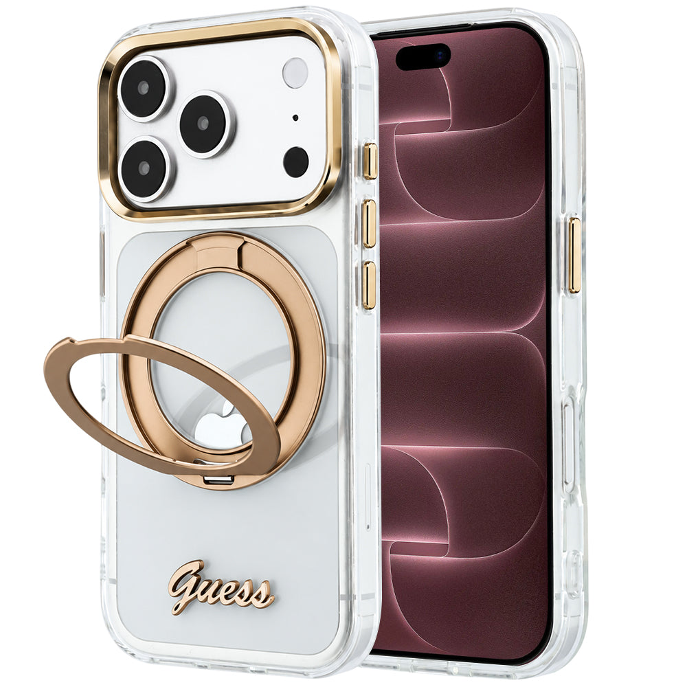 Capa Guess Ring Stand Script Metal Logo MagSafe - iPhone 17 Pro Max / 18 Pro Max - Transparente