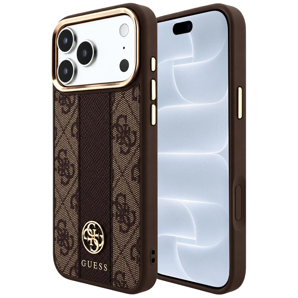 Capa Guess Leather 4G Stripe Round Classic Logo MagSafe - iPhone 17 Pro / 18 Pro - Castanho