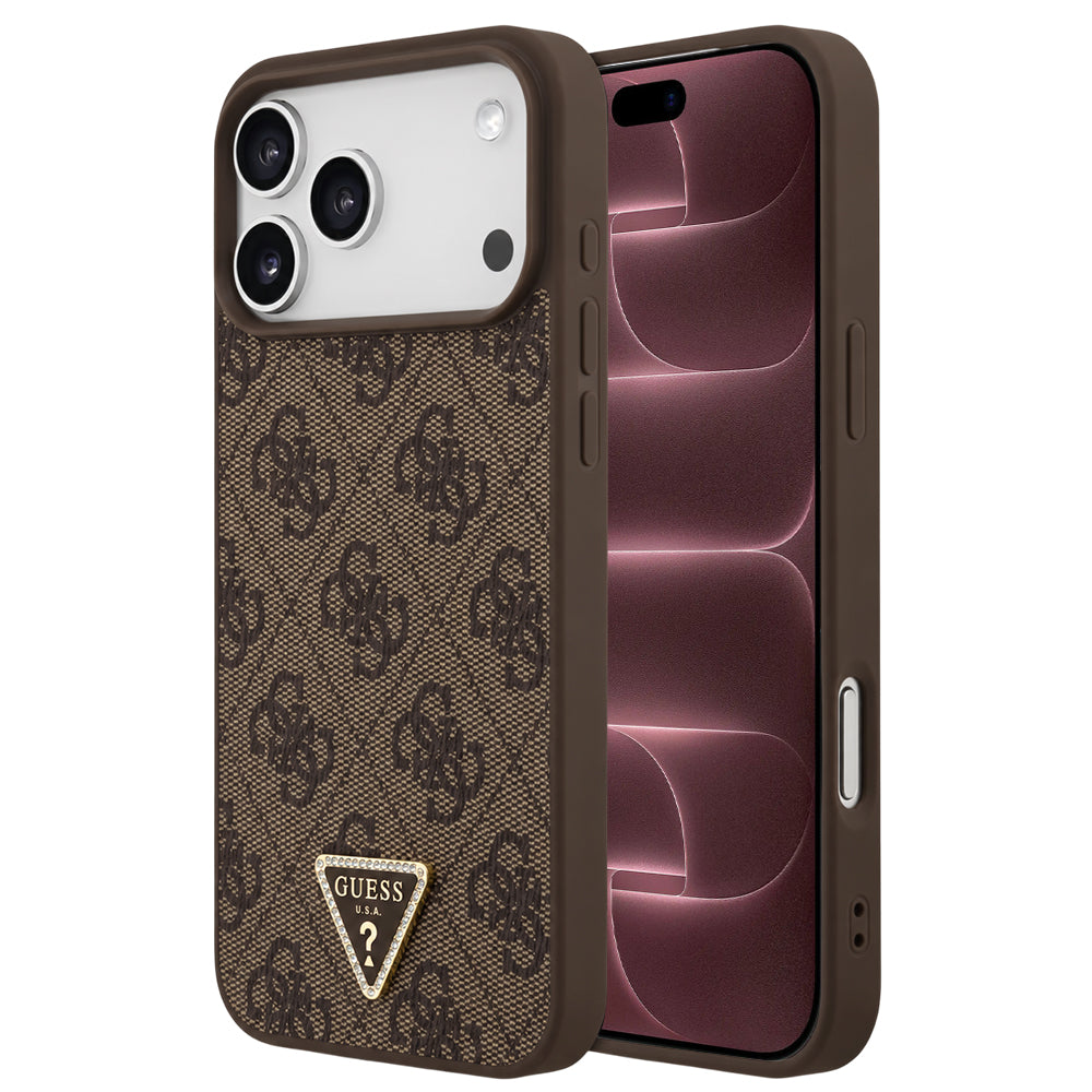 Capa Guess Leather 4G Triangle Strass MagSafe - iPhone 17 Pro Max / 18 Pro Max - Castanho