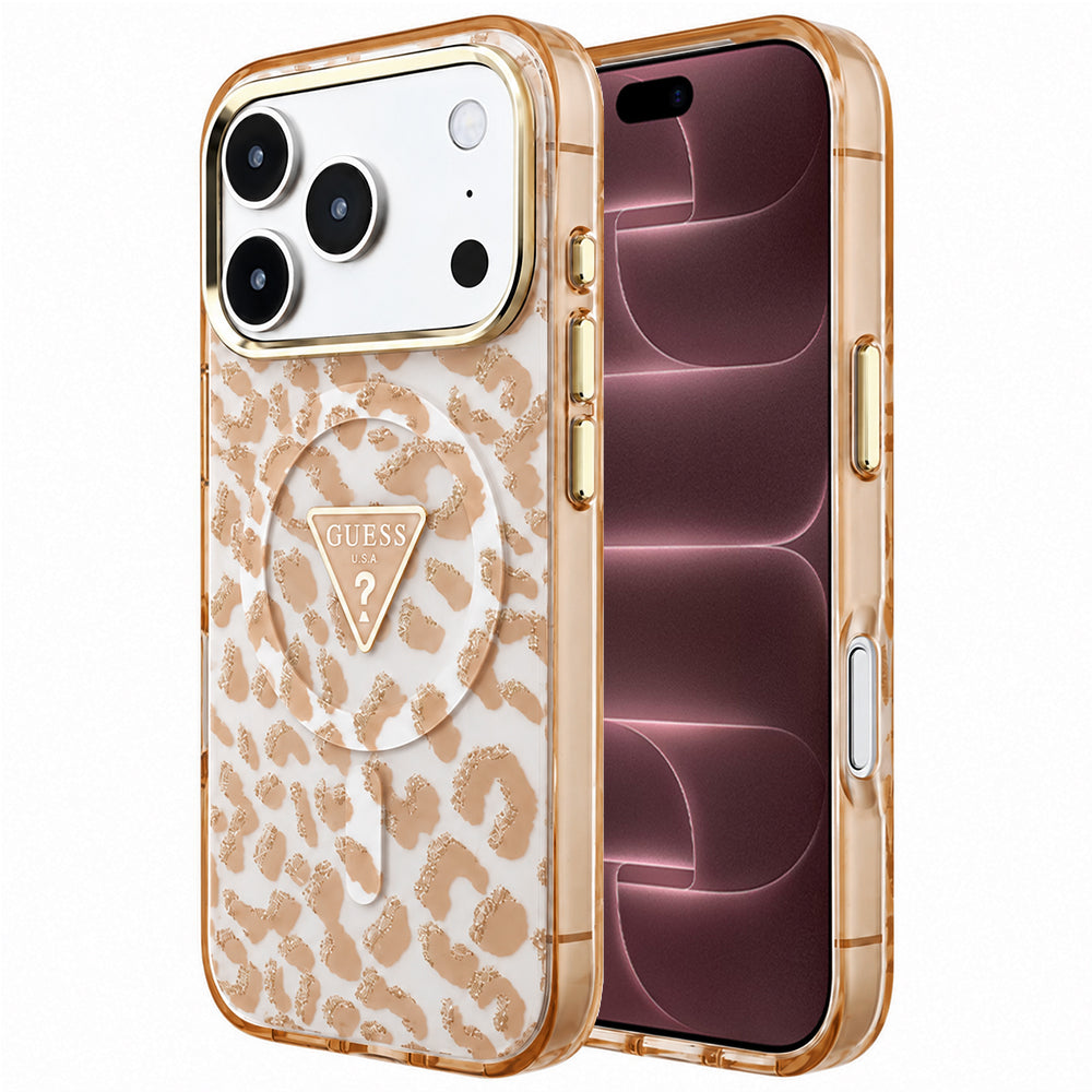 Capa Guess Leopard Glitter Triangle Logo MagSafe - iPhone 17 Pro Max / 18 Pro Max - Castanho