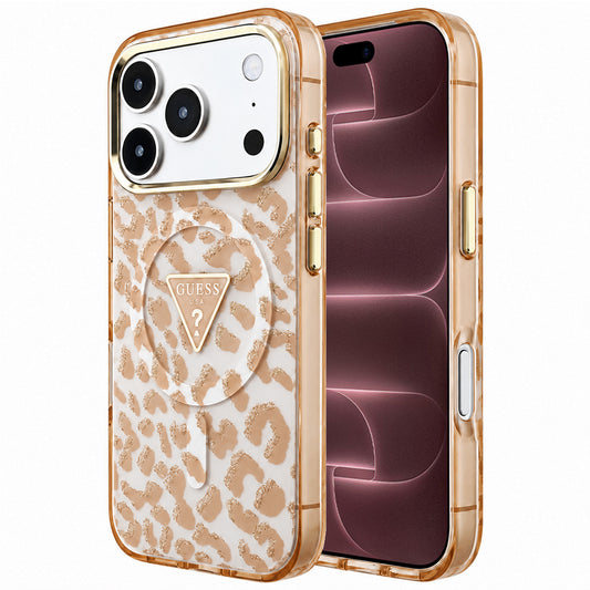 Capa Guess Leopard Glitter Triangle Logo MagSafe - iPhone 17 Pro Max / 18 Pro Max - Castanho