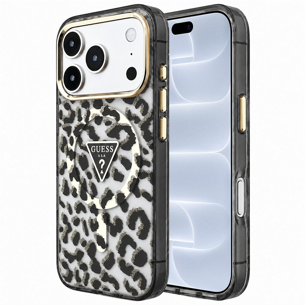 Capa Guess Leopard Glitter Triangle Logo MagSafe - iPhone 17 Pro / 18 Pro - Preto
