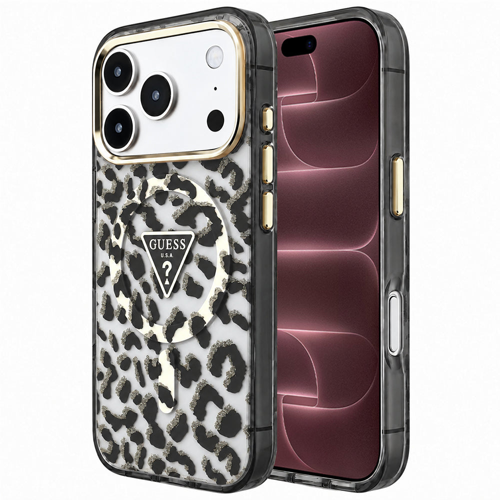 Capa Guess Leopard Glitter Triangle Logo MagSafe - iPhone 17 Pro Max / 18 Pro Max - Preto
