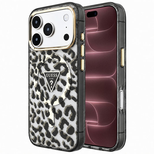 Capa Guess Leopard Glitter Triangle Logo MagSafe - iPhone 17 Pro Max / 18 Pro Max - Preto