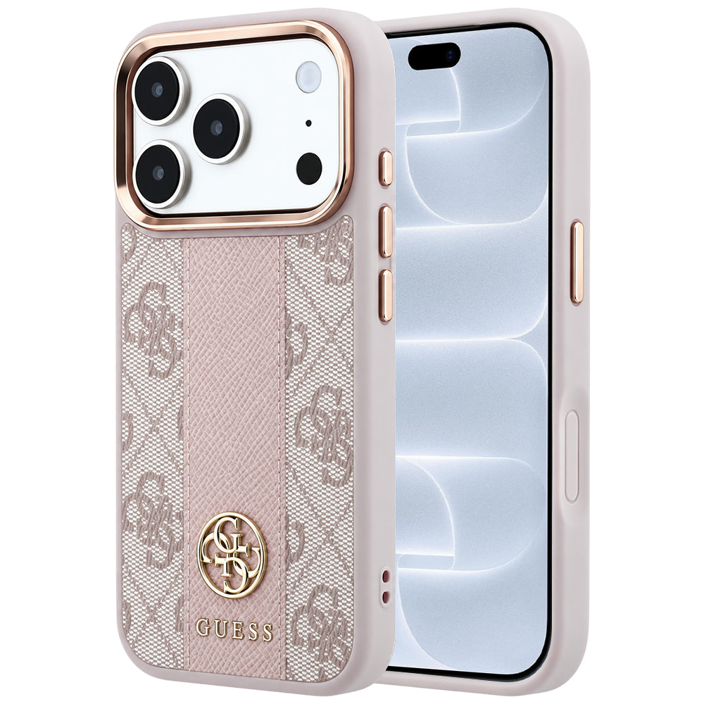 Capa Guess Leather 4G Stripe Round Classic Logo MagSafe - iPhone 17 Pro / 18 Pro - Rosa