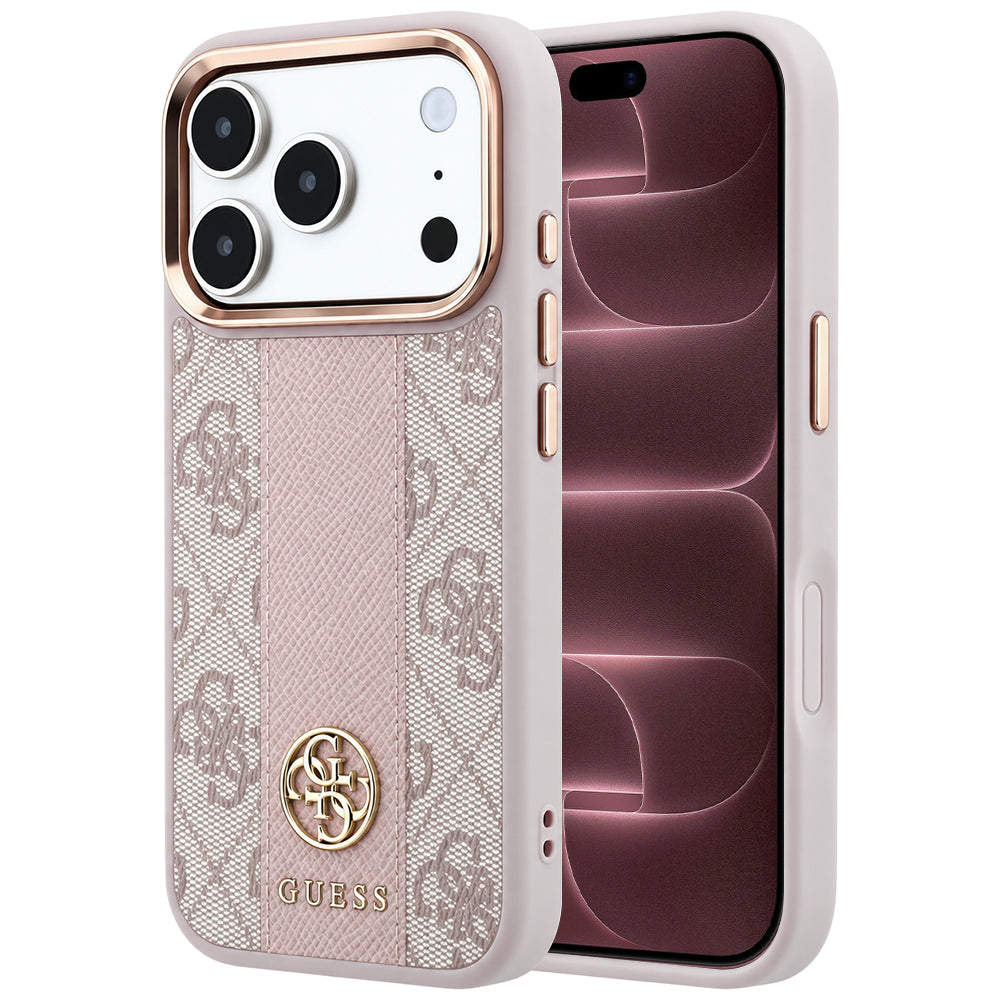 Capa Guess Leather 4G Stripe Round Classic Logo MagSafe - iPhone 17 Pro Max / 18 Pro Max - Rosa