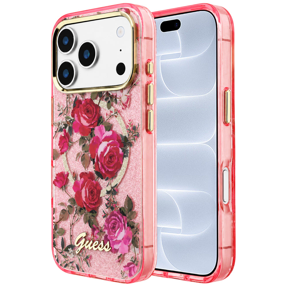 Capa Guess IML Glitter Blossom Roses MagSafe - iPhone 17 Pro / 18 Pro - Rosa