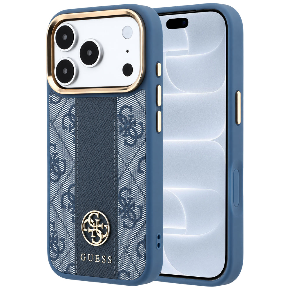 Capa Guess Leather 4G Stripe Round Classic Logo MagSafe - iPhone 17 Pro / 18 Pro - Azul