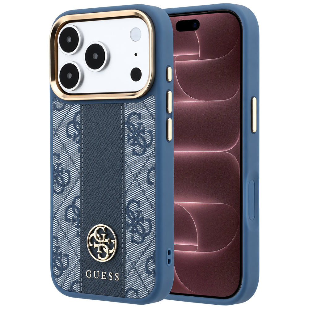 Capa Guess Leather 4G Stripe Round Classic Logo MagSafe - iPhone 17 Pro Max / 18 Pro Max - Azul
