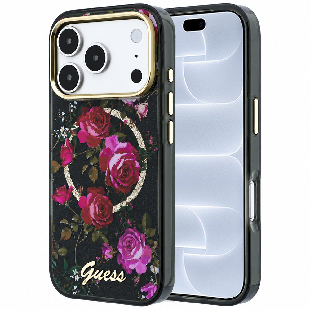 Capa Guess IML Glitter Blossom Roses MagSafe - iPhone 17 Pro / 18 Pro - Preto