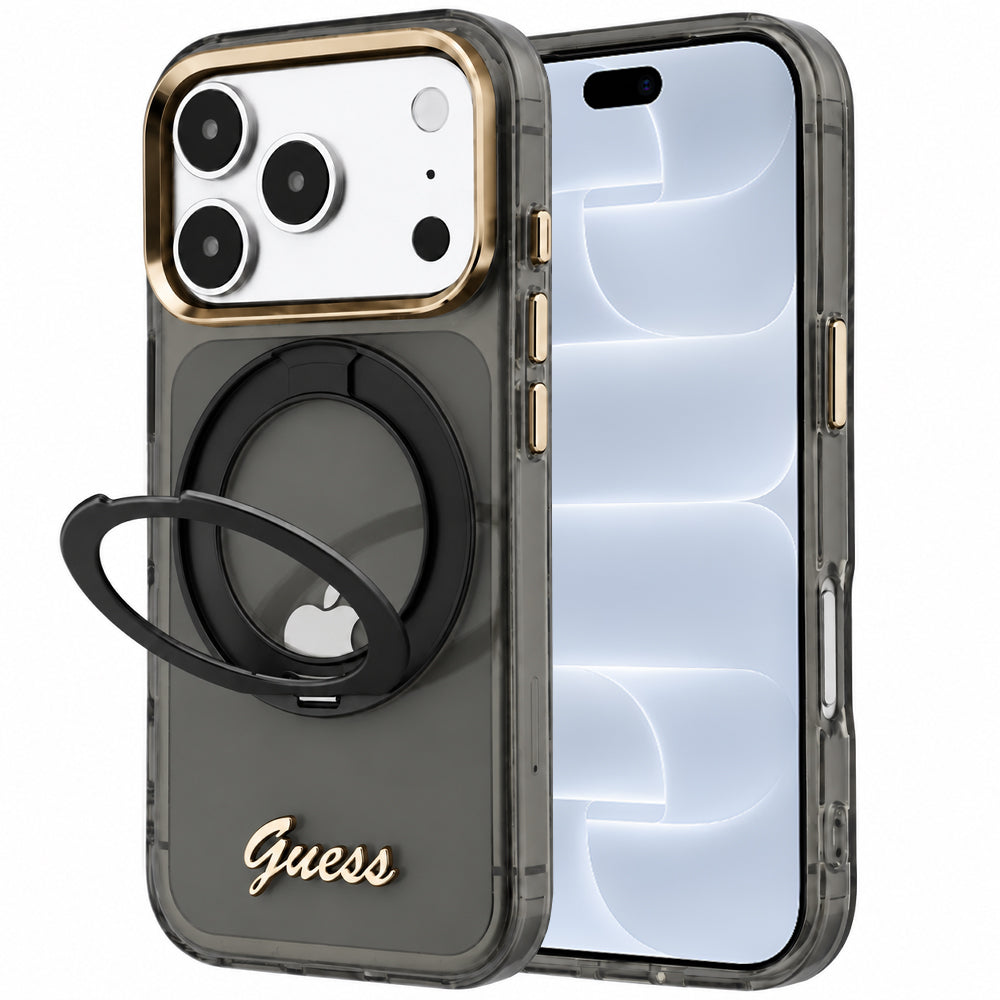 Capa Guess Ring Stand Script Metal Logo MagSafe - iPhone 17 Pro / 18 Pro - Preto