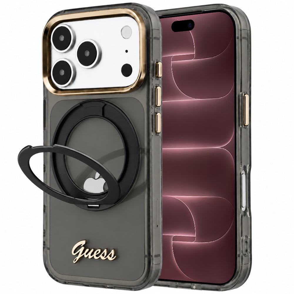Capa Guess Ring Stand Script Metal Logo MagSafe - iPhone 17 Pro Max / 18 Pro Max - Preto