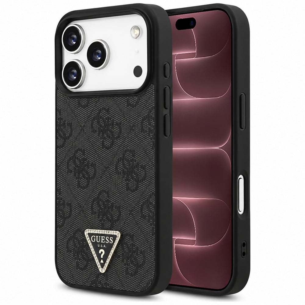 Capa Guess Leather 4G Triangle Strass MagSafe - iPhone 17 Pro Max / 18 Pro Max - Preto