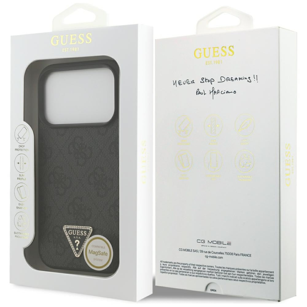 Capa Guess Leather 4G Triangle Strass MagSafe - iPhone 17 Pro Max / 18 Pro Max - Preto