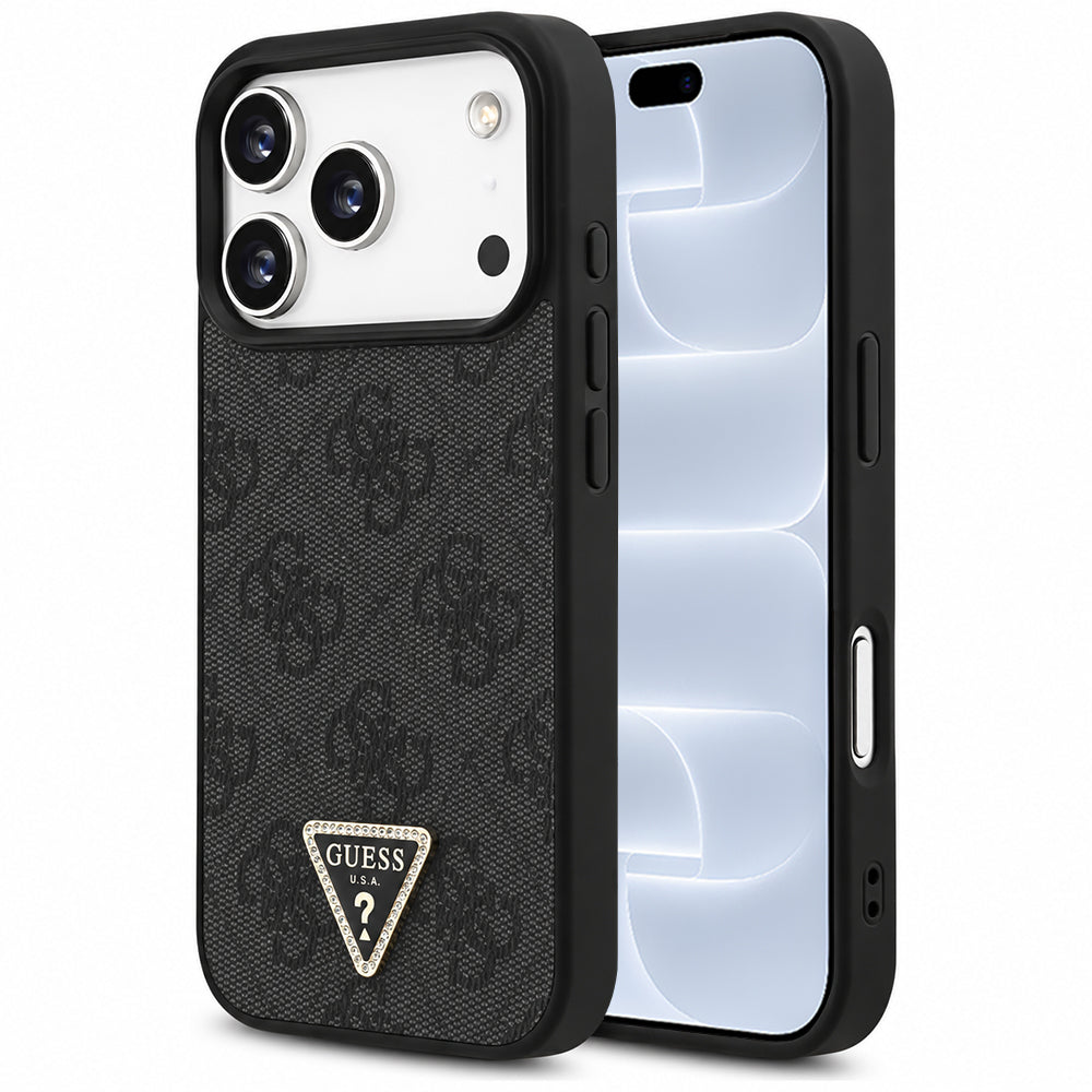 Capa Guess Leather 4G Triangle Strass MagSafe - iPhone 17 Pro / 18 Pro - Preto