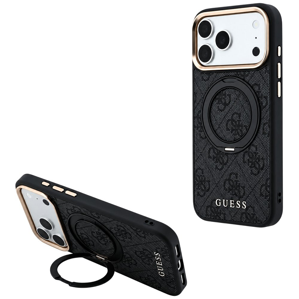 Capa Guess Ring Stand 360 4G Leather Classic Logo MagSafe - iPhone 17 Pro / 18 Pro - Preto