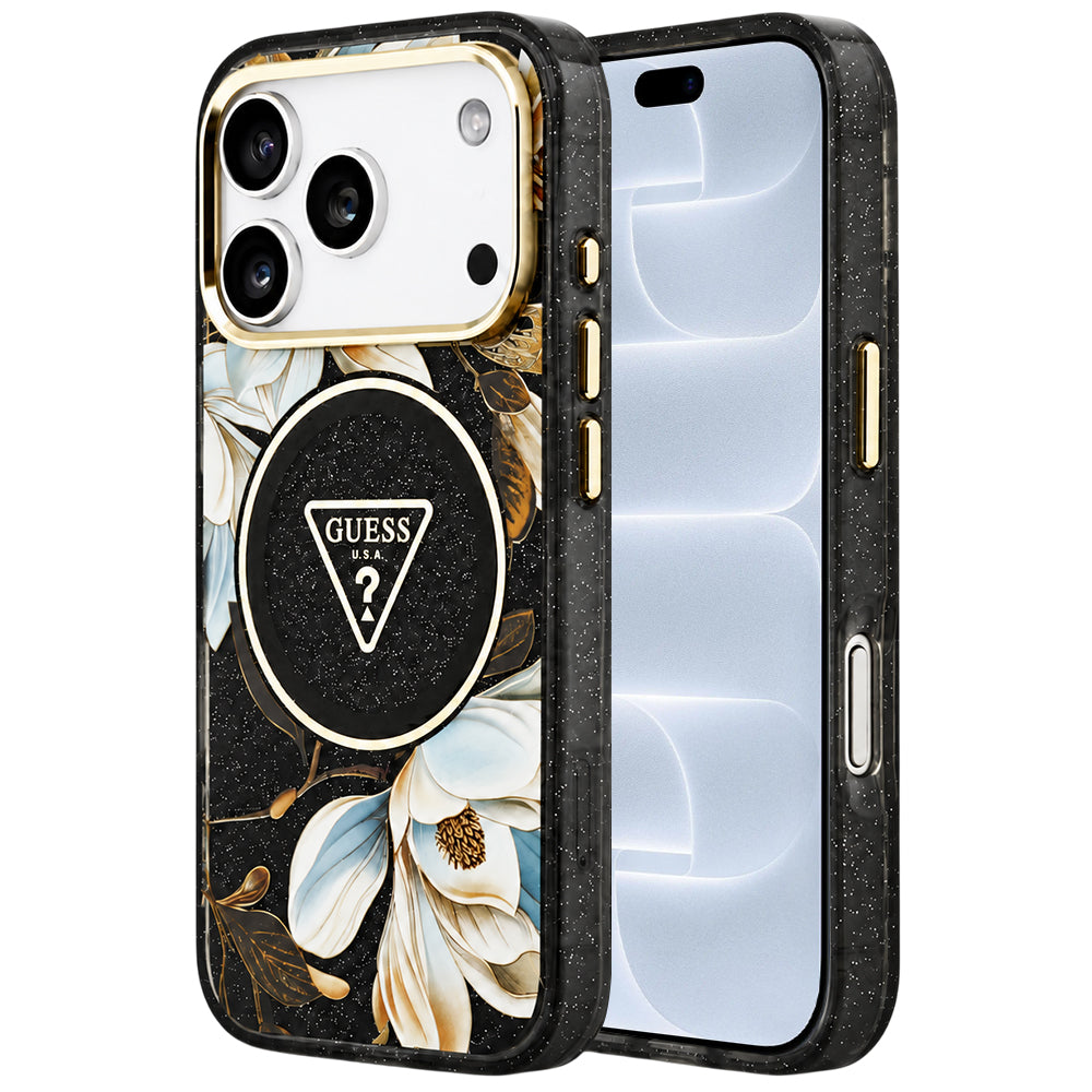 Capa Guess IML Glitter Flowers Triangle MagSafe - iPhone 17 Pro / 18 Pro - Preto