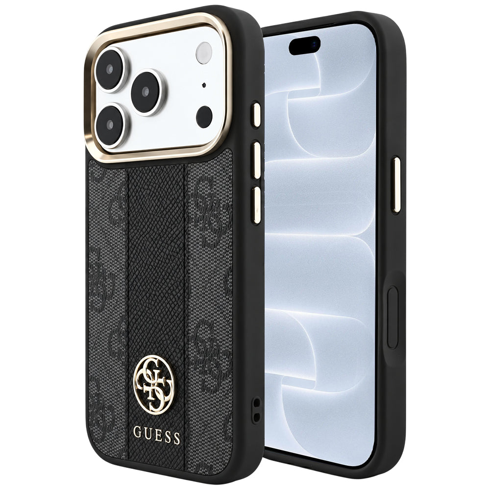 Capa Guess Leather 4G Stripe Round Classic Logo MagSafe - iPhone 17 Pro / 18 Pro - Preto