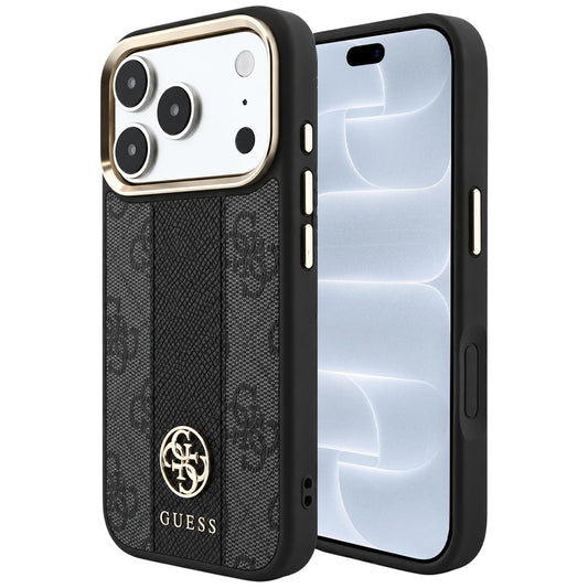 Capa Guess Leather 4G Stripe Round Classic Logo MagSafe - iPhone 17 Pro / 18 Pro - Preto