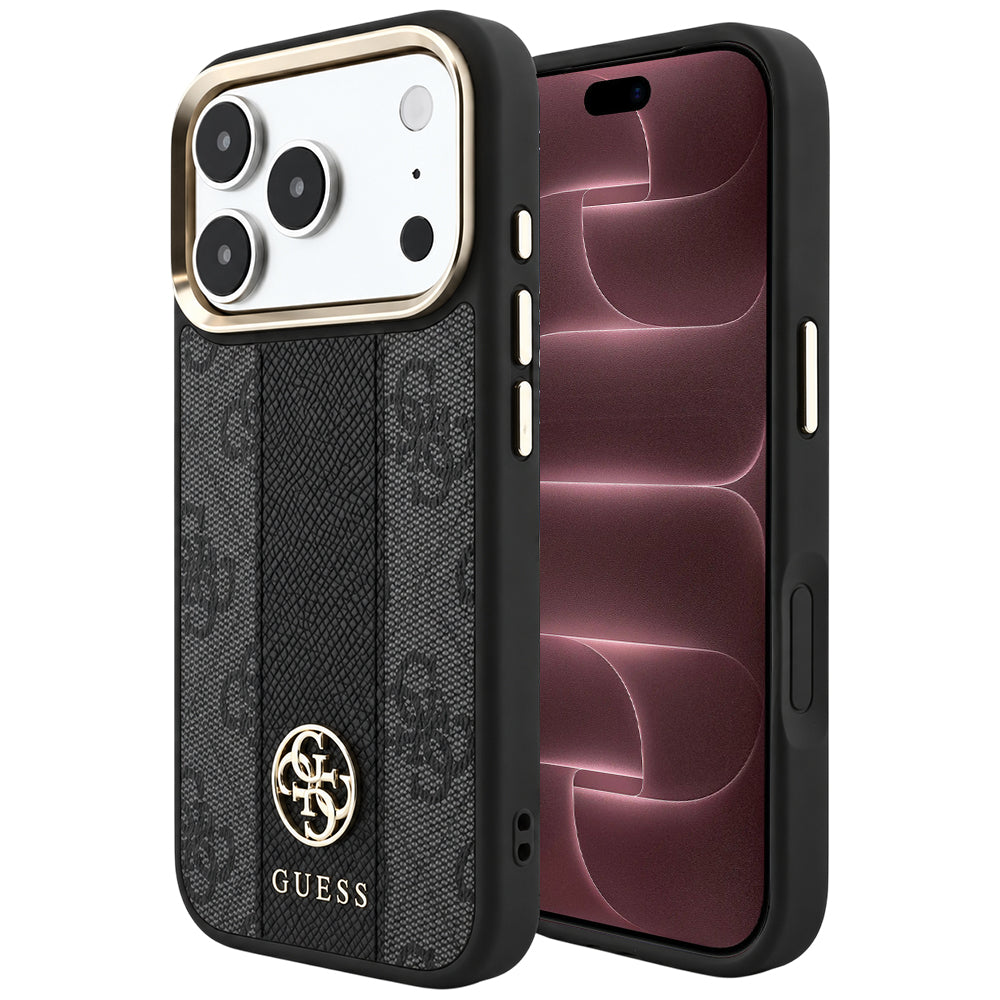 Capa Guess Leather 4G Stripe Round Classic Logo MagSafe - iPhone 17 Pro Max / 18 Pro Max - Preto
