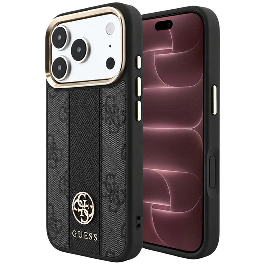 Capa Guess Leather 4G Stripe Round Classic Logo MagSafe - iPhone 17 Pro Max / 18 Pro Max - Preto