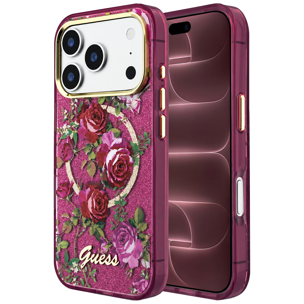 Capa Guess IML Glitter Blossom Roses MagSafe - iPhone 17 Pro Max / 18 Pro Max - Bordeaux