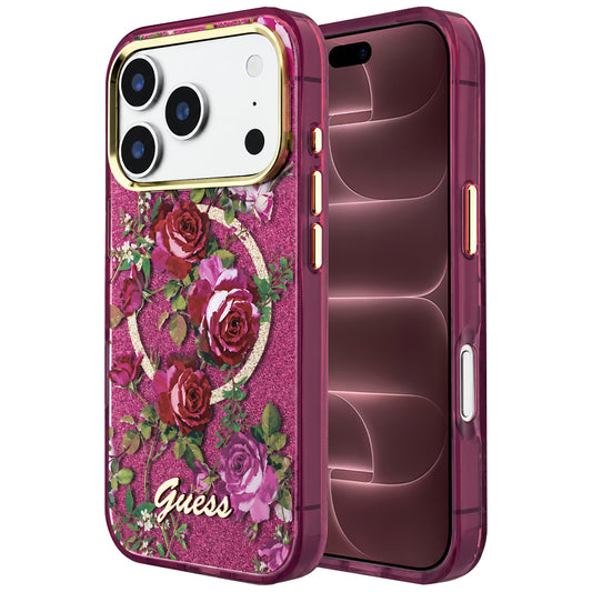 Capa Guess IML Glitter Blossom Roses MagSafe - iPhone 17 Pro Max / 18 Pro Max - Bordeaux