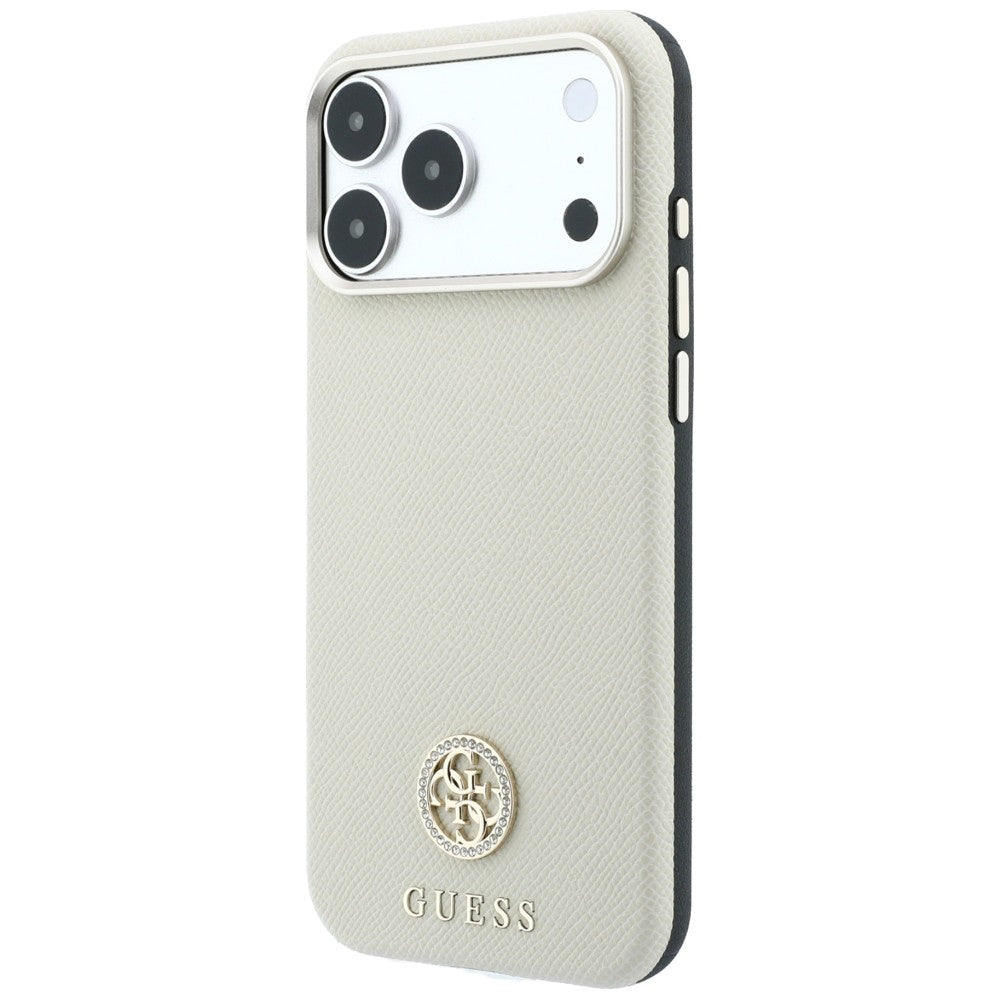 Capa Guess Grained Leather Round Strass Logo MagSafe - iPhone 17 Pro / 18 Pro - Bege