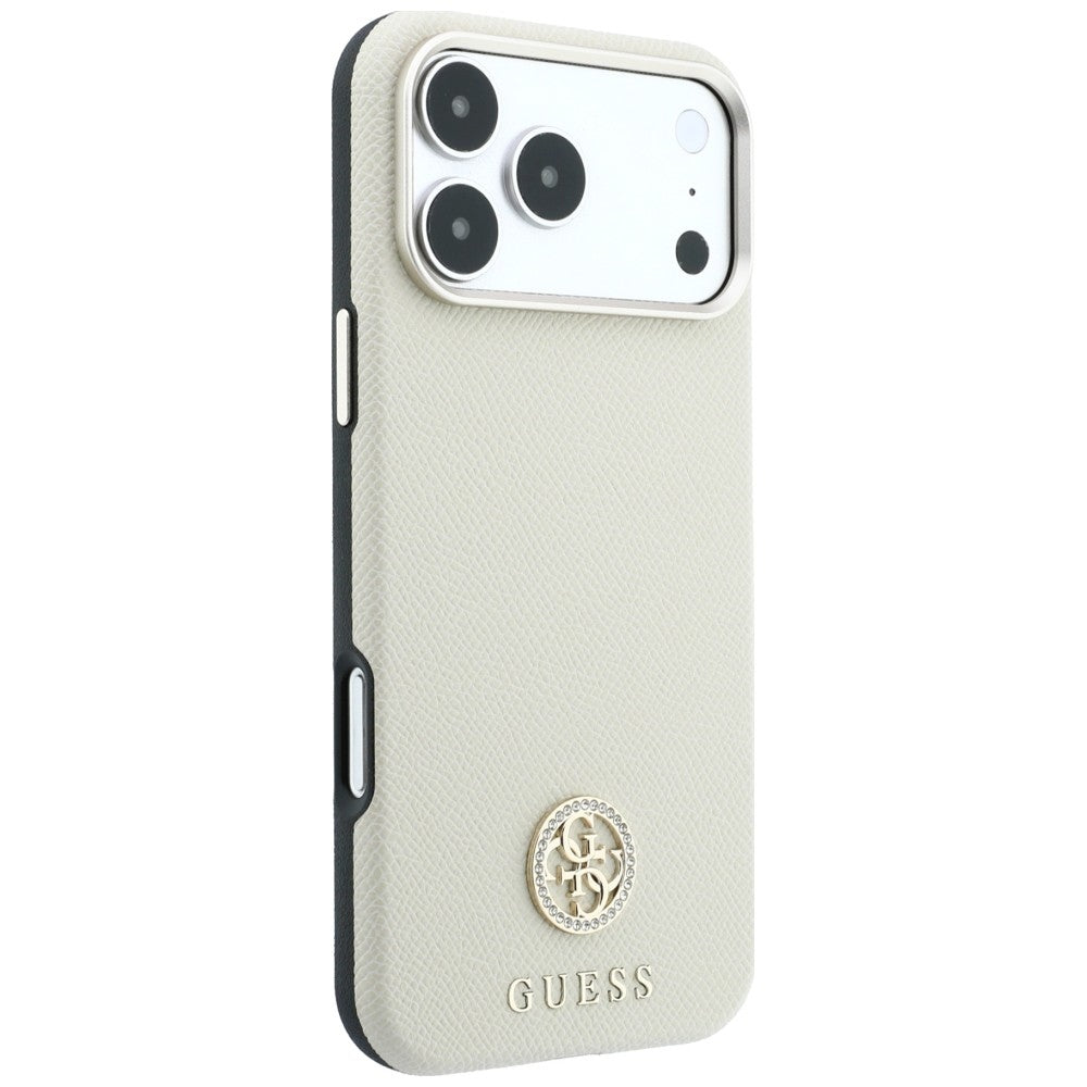 Capa Guess Grained Leather Round Strass Logo MagSafe - iPhone 17 Pro / 18 Pro - Bege