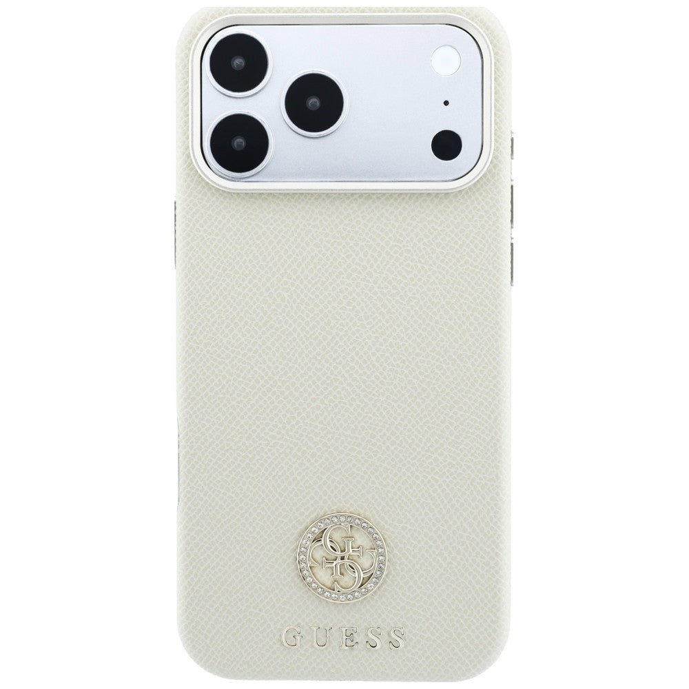 Capa Guess Grained Leather Round Strass Logo MagSafe - iPhone 17 Pro Max / 18 Pro Max - Bege