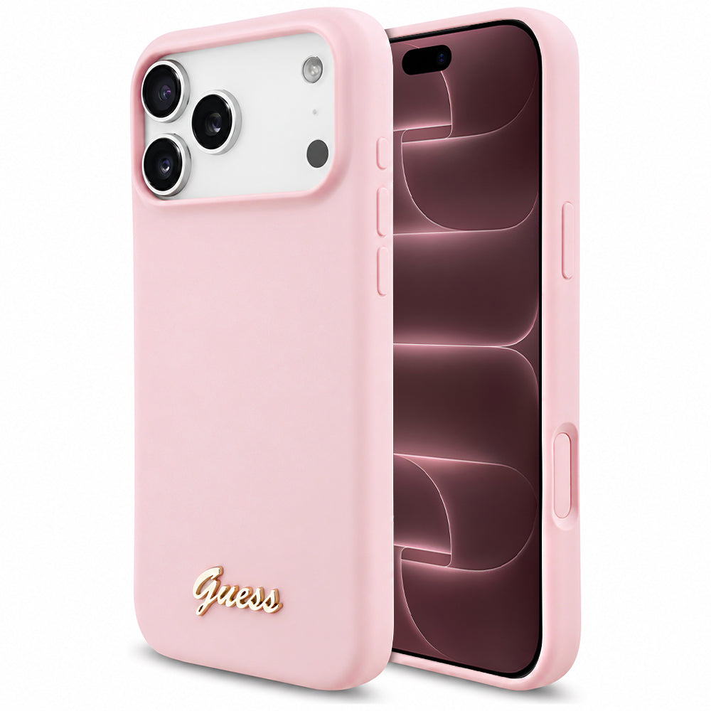 Capa Guess Silicone Script Metal Logo MagSafe - iPhone 17 Pro Max / 18 Pro Max - Rosa