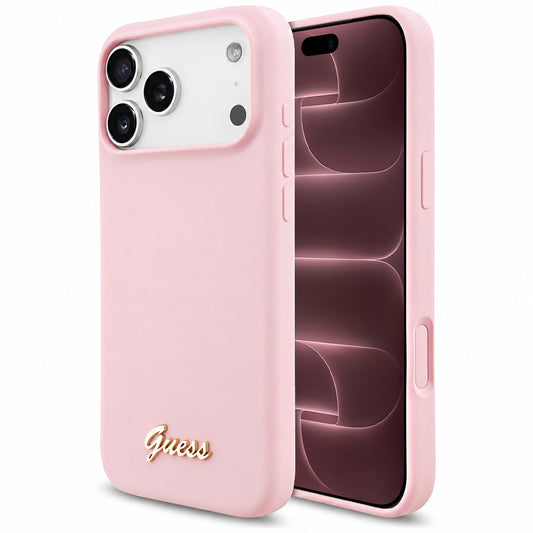 Capa Guess Silicone Script Metal Logo MagSafe - iPhone 17 Pro Max / 18 Pro Max - Rosa