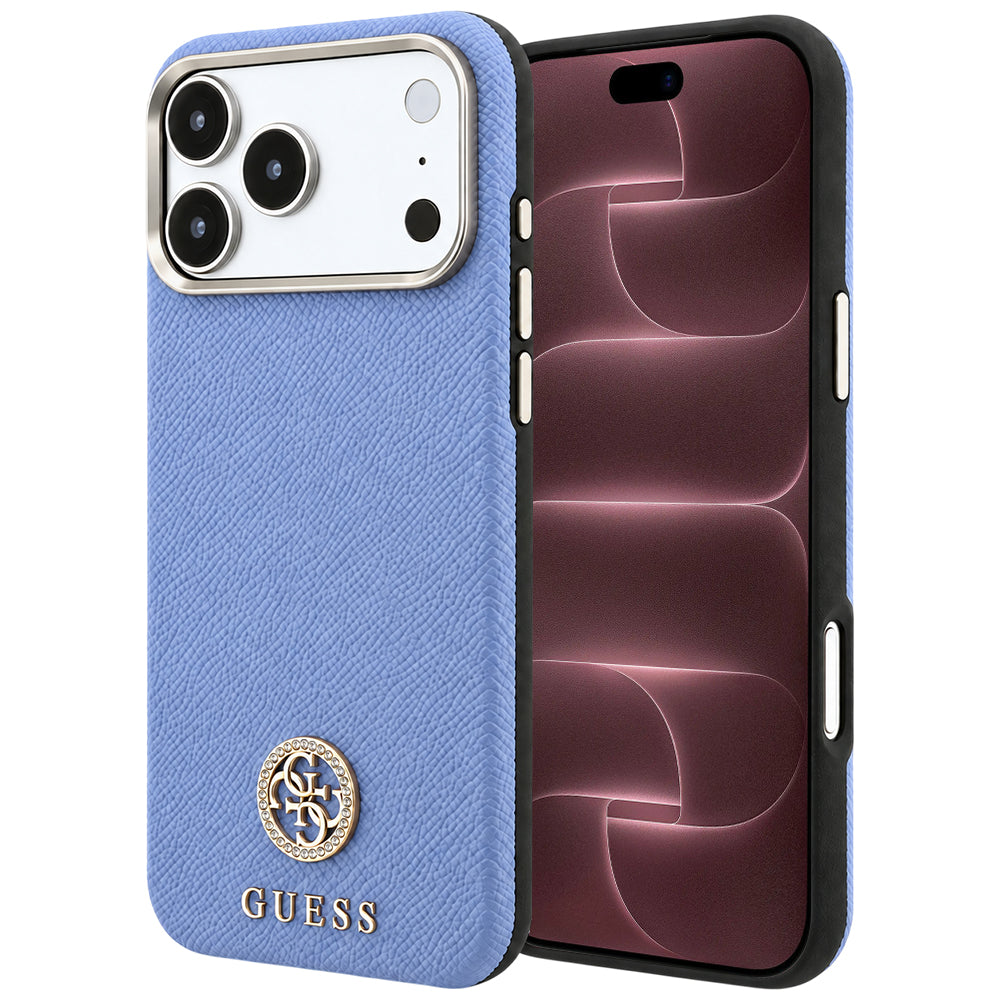 Capa Guess Grained Leather Round Strass Logo MagSafe - iPhone 17 Pro Max / 18 Pro Max - Azul-claro