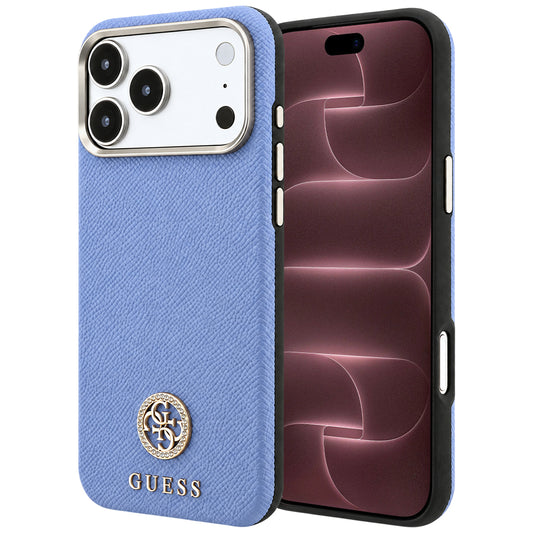 Capa Guess Grained Leather Round Strass Logo MagSafe - iPhone 17 Pro Max / 18 Pro Max - Azul-claro